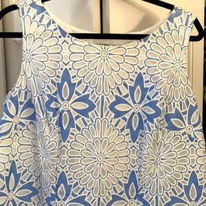 Cornflower, blue and white floral sleeveless dress.